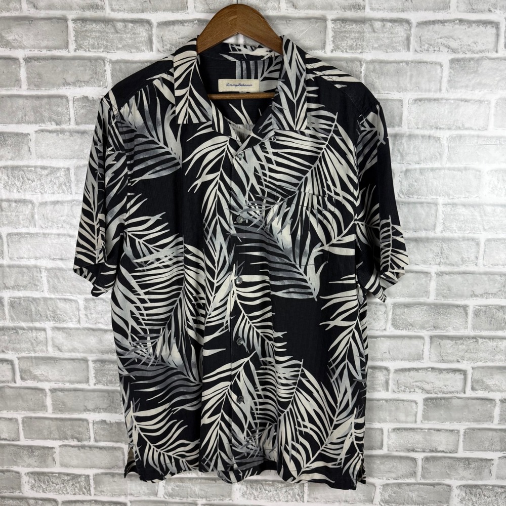 Tommy Bahama Mens XL Silk Palm Leaf Print Camp Shirt Black White Tropical